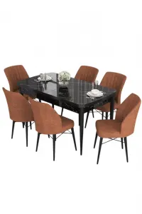 Extendable Dining Table & Chairs Set (7 Pieces) Eva - Black Marble, Tile Red