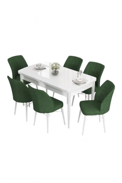 Extendable Dining Table & Chairs Set (7 Pieces) Eva - White, Khaki