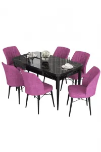 Extendable Dining Table & Chairs Set (7 Pieces) Eva - Black Marble, Purple