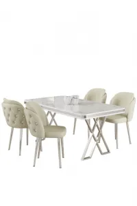 Dining Table & Chairs Set (5 Pieces) Rigel - White, Chrome, Cream