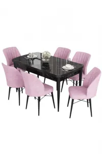 Extendable Dining Table & Chairs Set (7 Pieces) Eva - Black Marble, Pink