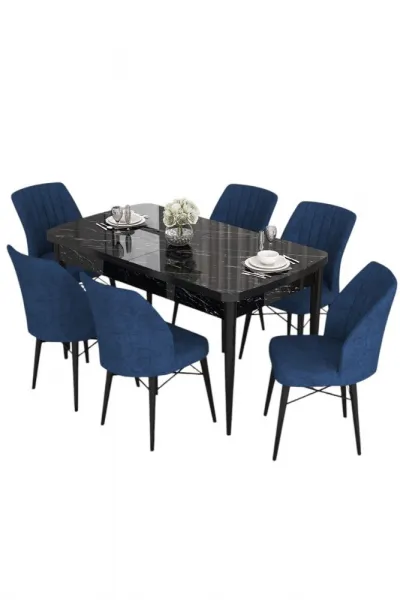 Extendable Dining Table & Chairs Set (7 Pieces) Eva - Black Marble, Navy Blue