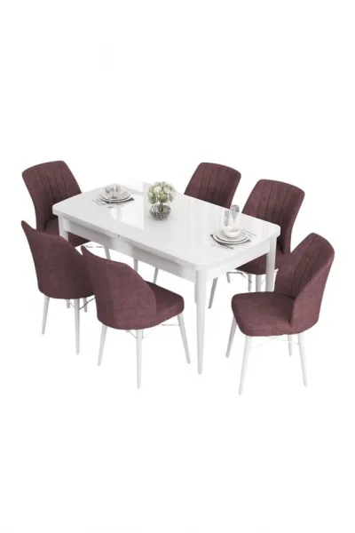 Extendable Dining Table & Chairs Set (7 Pieces) Eva - White, Dusty Rose