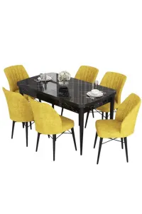 Extendable Dining Table & Chairs Set (7 Pieces) Eva - Black Marble, Mustard