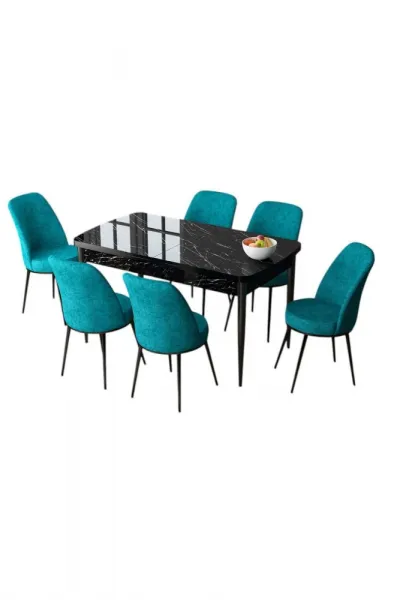 Extendable Dining Table & Chairs Set (7 Pieces) Zen - Black Marble, Turquoise