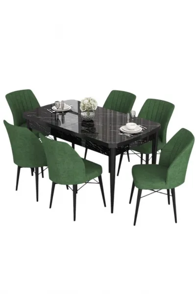 Extendable Dining Table & Chairs Set (7 Pieces) Eva - Black Marble, Khaki