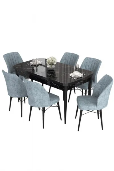 Extendable Dining Table & Chairs Set (7 Pieces) Eva - Black Marble, Grey