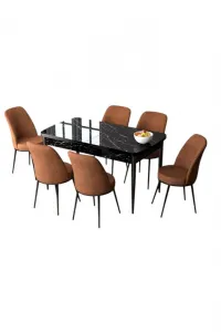 Extendable Dining Table & Chairs Set (7 Pieces) Zen - Black Marble, Tile Red