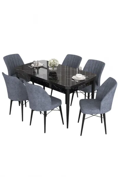 Extendable Dining Table & Chairs Set (7 Pieces) Eva - Black Marble, Fume