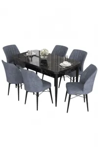 Extendable Dining Table & Chairs Set (7 Pieces) Eva - Black Marble, Fume