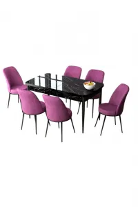 Extendable Dining Table & Chairs Set (7 Pieces) Zen - Black Marble, Purple