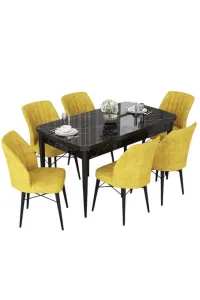 Extendable Dining Table & Chairs Set (7 Pieces) Nef - Black Marble, Mustard
