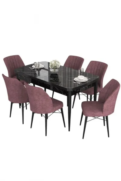 Extendable Dining Table & Chairs Set (7 Pieces) Eva - Black Marble, Dusty Rose