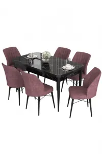 Extendable Dining Table & Chairs Set (7 Pieces) Eva - Black Marble, Dusty Rose