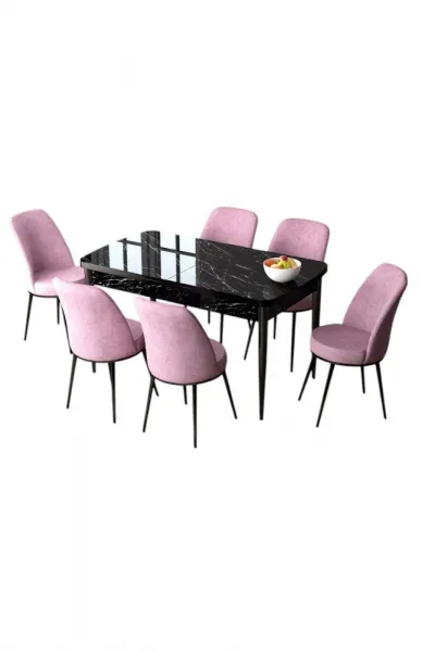 Extendable Dining Table & Chairs Set (7 Pieces) Zen - Black Marble, Pink