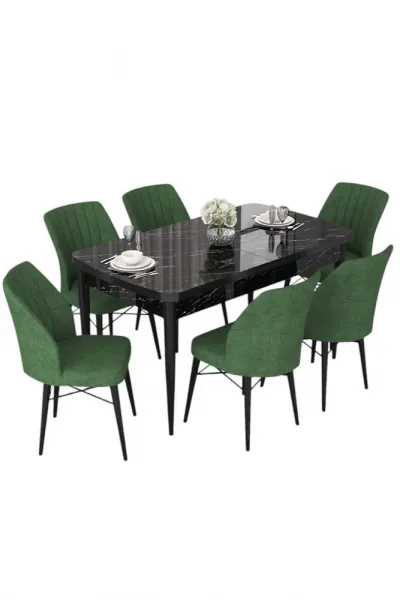 Extendable Dining Table & Chairs Set (7 Pieces) Nef - Black Marble, Khaki