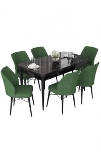 Extendable Dining Table & Chairs Set (7 Pieces) Nef - Black Marble, Khaki