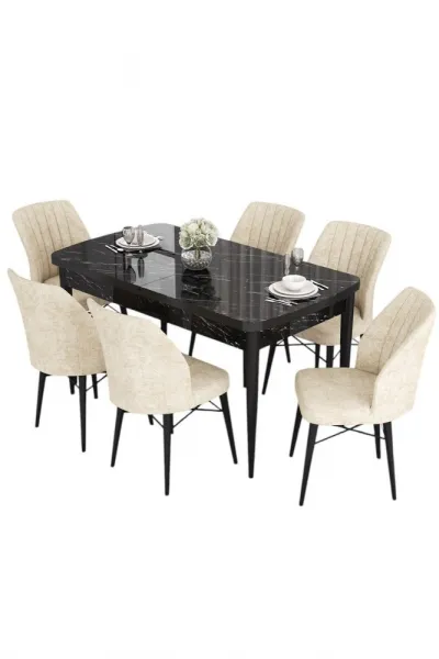 Extendable Dining Table & Chairs Set (7 Pieces) Eva - Black Marble, Cream