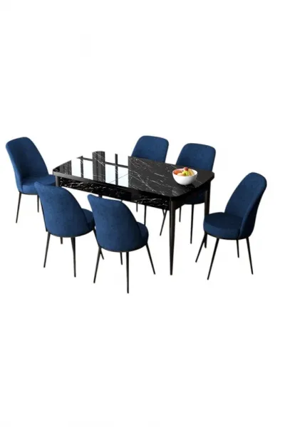 Extendable Dining Table & Chairs Set (7 Pieces) Zen - Black Marble, Navy Blue