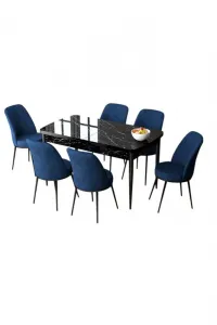 Extendable Dining Table & Chairs Set (7 Pieces) Zen - Black Marble, Navy Blue