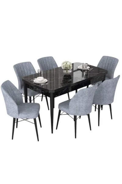 Extendable Dining Table & Chairs Set (7 Pieces) Nef - Black Marble, Grey