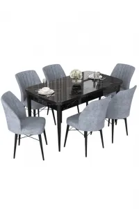 Extendable Dining Table & Chairs Set (7 Pieces) Nef - Black Marble, Grey