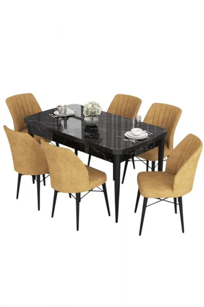 Extendable Dining Table & Chairs Set (7 Pieces) Eva - Black Marble, Cappuccino