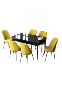 Extendable Dining Table & Chairs Set (7 Pieces) Zen - Black Marble, Mustard
