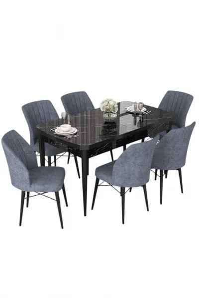 Extendable Dining Table & Chairs Set (7 Pieces) Nef - Black Marble, Fume
