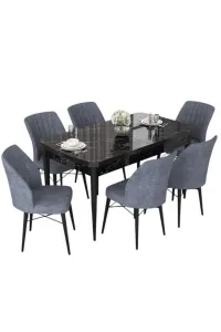 Extendable Dining Table & Chairs Set (7 Pieces) Nef - Black Marble, Fume