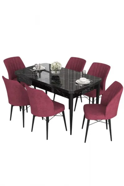 Extendable Dining Table & Chairs Set (7 Pieces) Eva - Black Marble, Burgundy