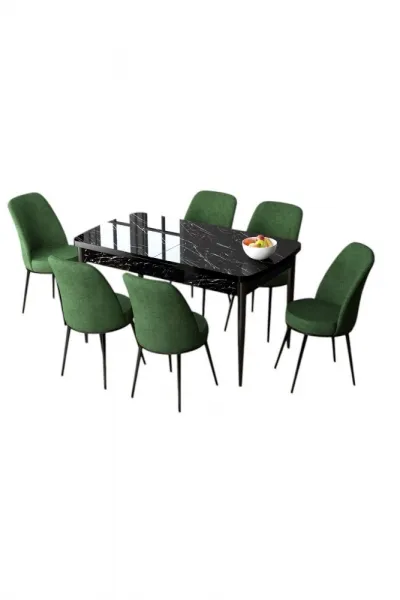 Extendable Dining Table & Chairs Set (7 Pieces) Zen - Black Marble, Khaki
