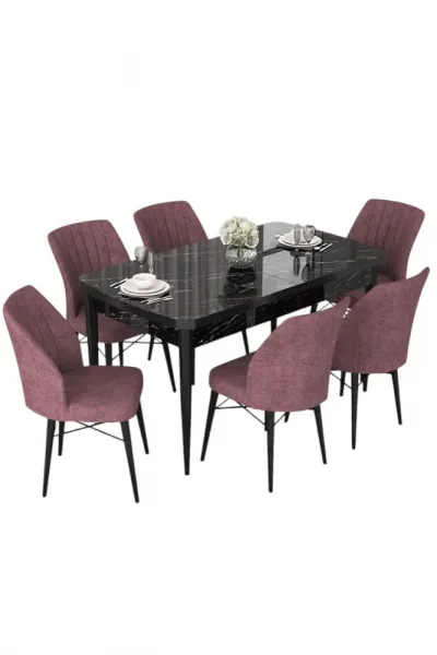 Extendable Dining Table & Chairs Set (7 Pieces) Nef - Black Marble, Dusty Rose