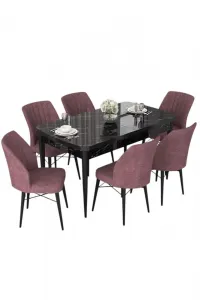 Extendable Dining Table & Chairs Set (7 Pieces) Nef - Black Marble, Dusty Rose