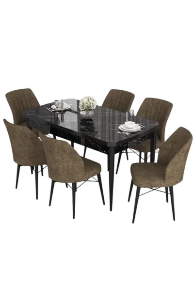 Extendable Dining Table & Chairs Set (7 Pieces) Eva - Black Marble, Brown