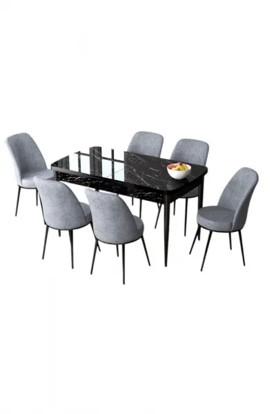 Extendable Dining Table & Chairs Set (7 Pieces) Zen - Black Marble, Grey
