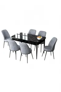 Extendable Dining Table & Chairs Set (7 Pieces) Zen - Black Marble, Grey