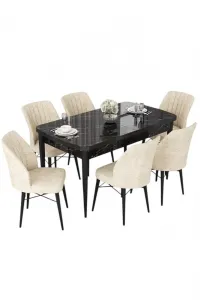 Extendable Dining Table & Chairs Set (7 Pieces) Nef - Black Marble, Cream