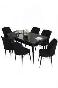 Extendable Dining Table & Chairs Set (7 Pieces) Eva - Black Marble, Black