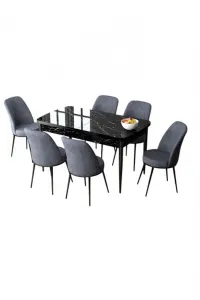 Extendable Dining Table & Chairs Set (7 Pieces) Zen - Black Marble, Fume
