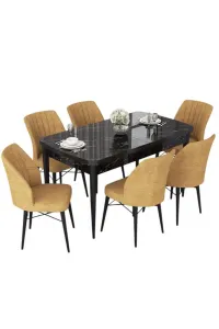 Extendable Dining Table & Chairs Set (7 Pieces) Nef - Black Marble, Cappuccino