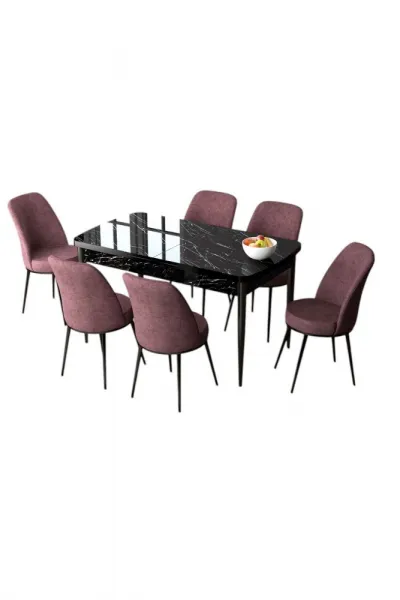 Extendable Dining Table & Chairs Set (7 Pieces) Zen - Black Marble, Dusty Rose