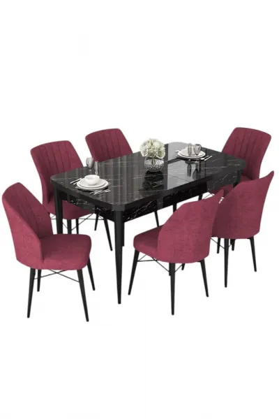 Extendable Dining Table & Chairs Set (7 Pieces) Nef - Black Marble, Burgundy