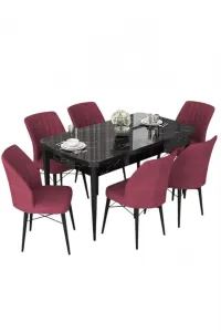 Extendable Dining Table & Chairs Set (7 Pieces) Nef - Black Marble, Burgundy