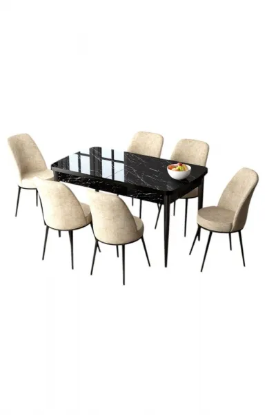 Extendable Dining Table & Chairs Set (7 Pieces) Zen - Black Marble, Cream