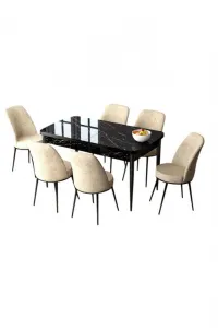 Extendable Dining Table & Chairs Set (7 Pieces) Zen - Black Marble, Cream