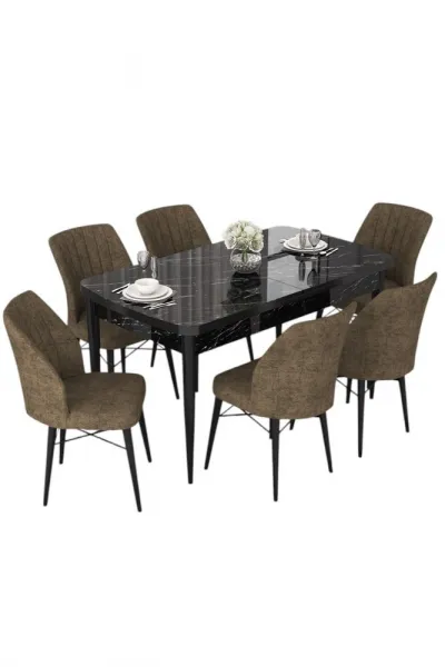 Extendable Dining Table & Chairs Set (7 Pieces) Nef - Black Marble, Brown