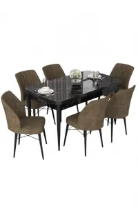 Extendable Dining Table & Chairs Set (7 Pieces) Nef - Black Marble, Brown
