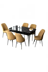 Extendable Dining Table & Chairs Set (7 Pieces) Zen - Black Marble, Cappuccino
