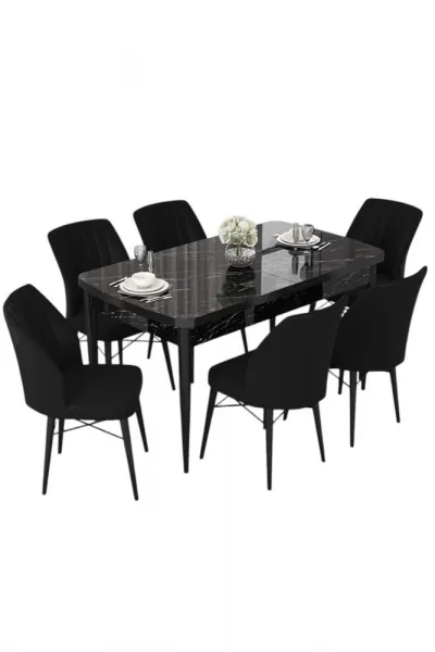 Extendable Dining Table & Chairs Set (7 Pieces) Nef - Black Marble, Black
